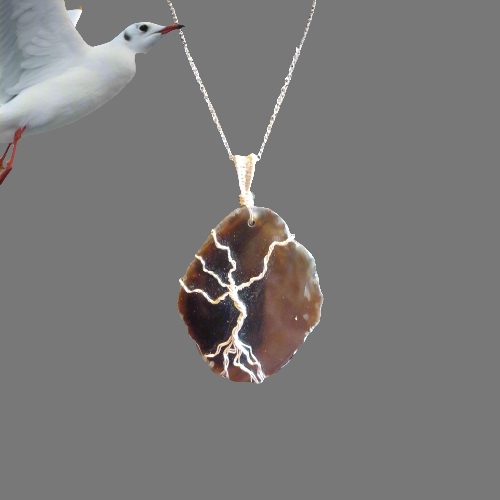 Brown Sliced Agate with Silver Tree of Life Pendent