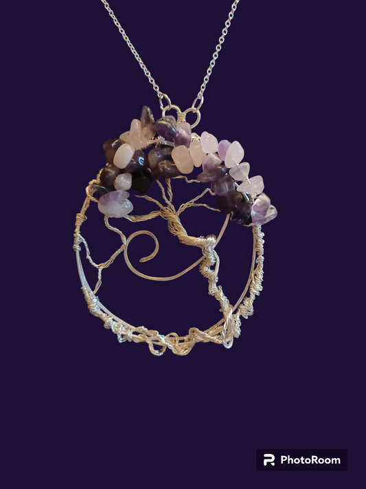 Silver Tree of Life with Purple Amethyst and Rose Quartz