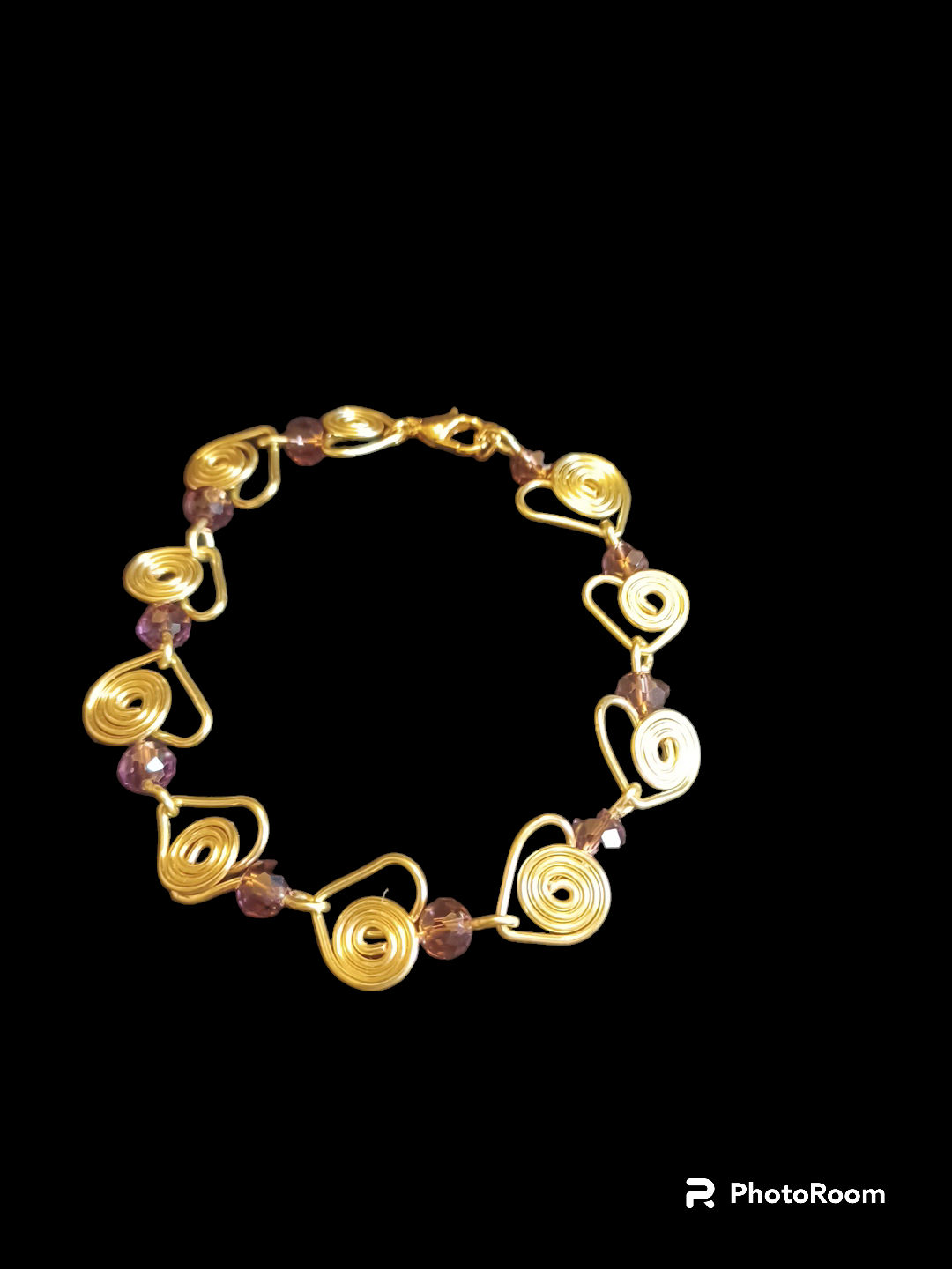 Gold Heart Bracelet with Amethysts colored faceted crystal beads