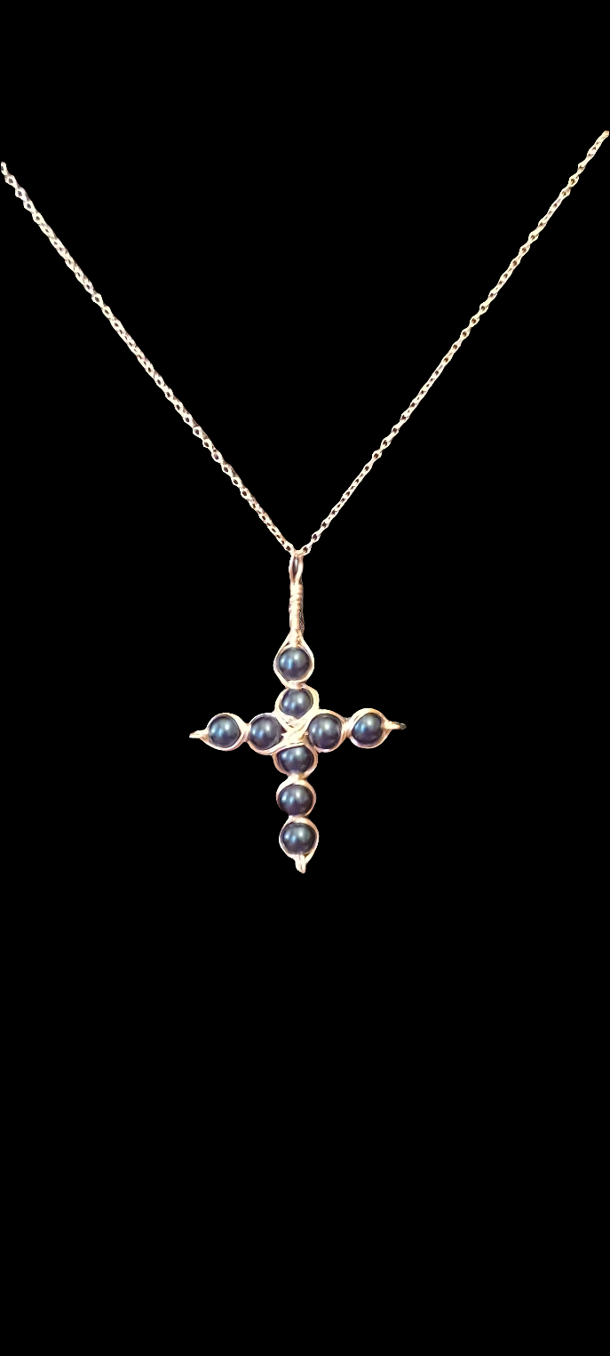 Blue glass bead cross necklace with 23" silver chain