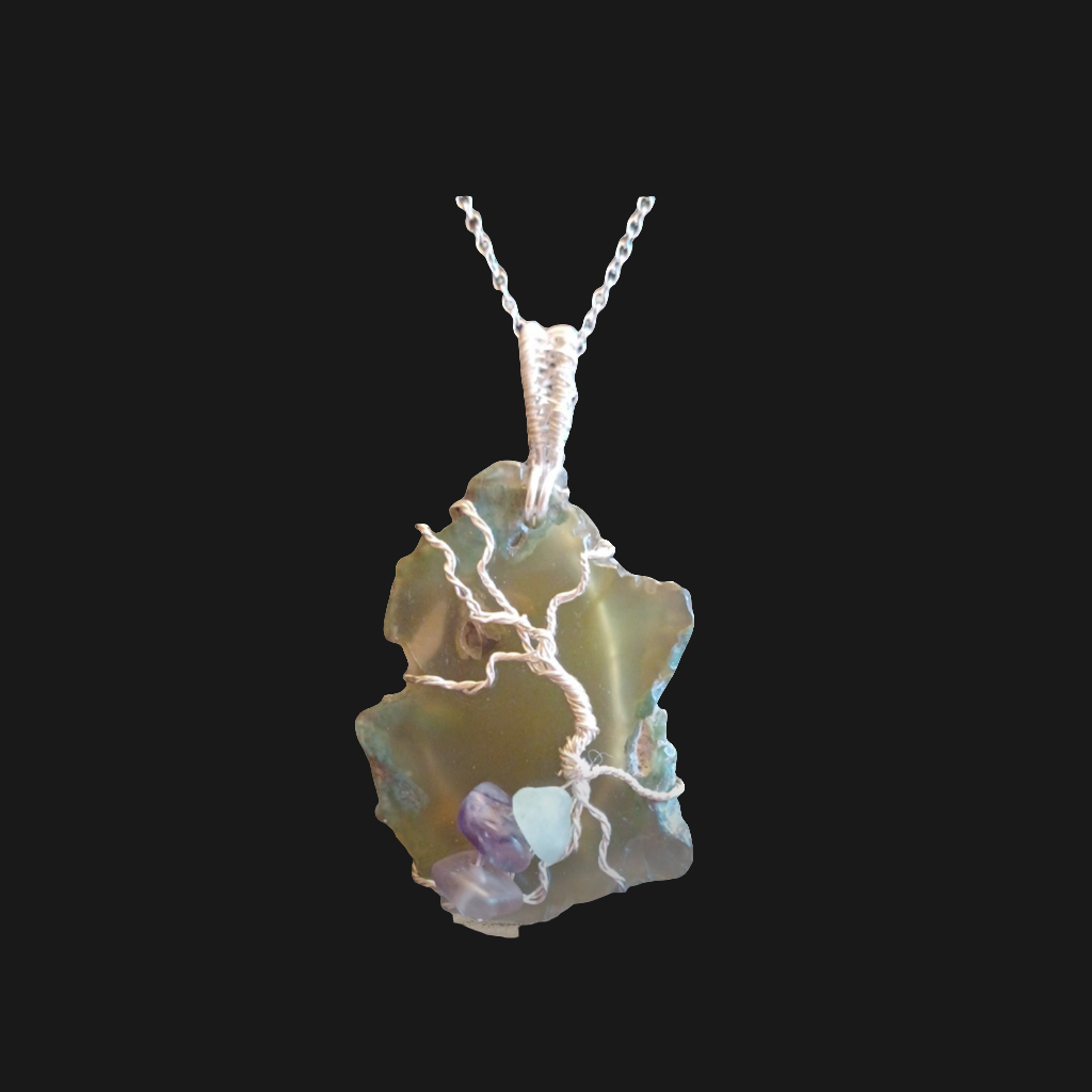 Green Sliced Agate with Silver Tree of Life.