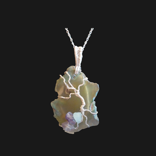 Green Sliced Agate with Silver Tree of Life.