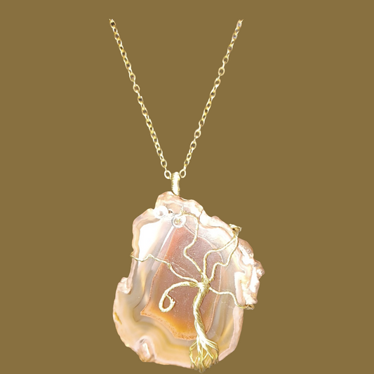 Orange Sliced Agate with Gold Tree of Life Pendent