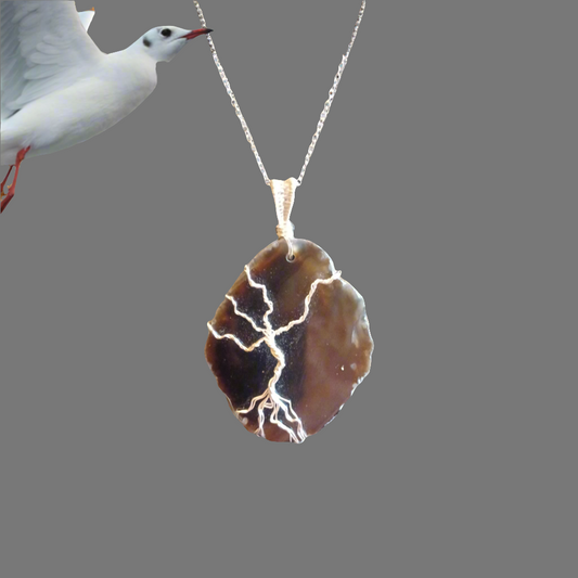 Brown Sliced Agate with Silver Tree of Life Pendent