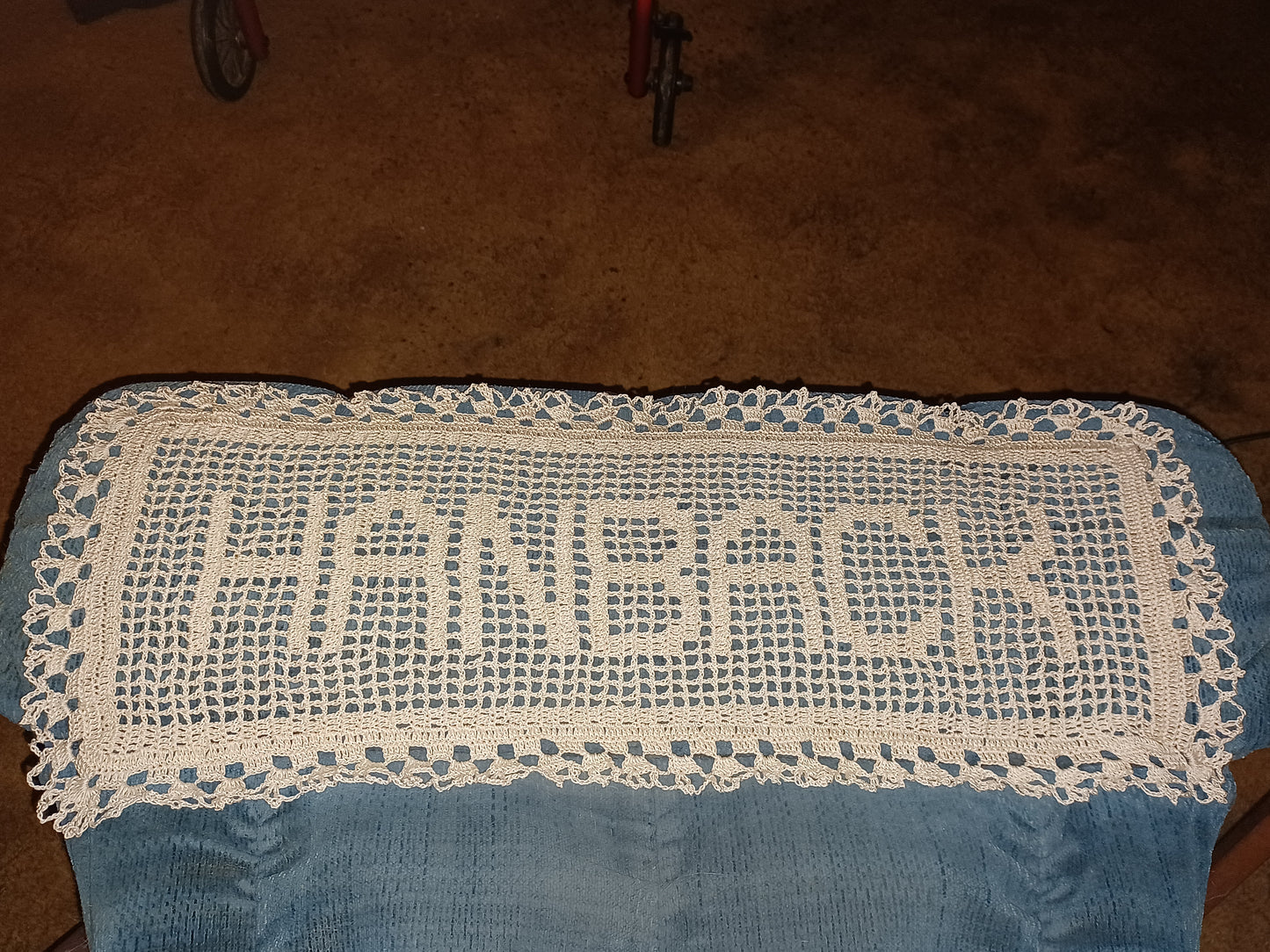 Crochet lace name doily customed made.
