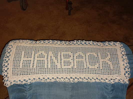 Crochet lace name doily customed made.